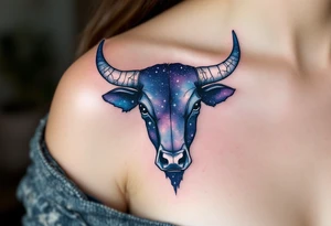 Cosmic Bull Head – Starry-textured bull hide in midnight blue and violet, speckled with faint constellations, and horns made of cracked white stone. tattoo idea