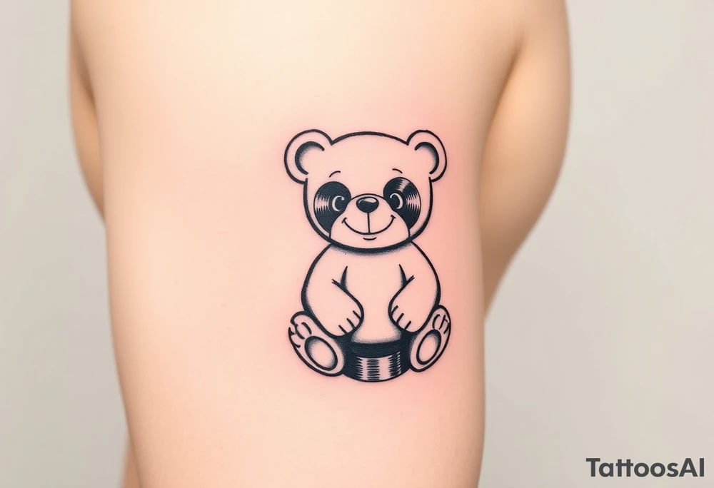 minimalist teddy bear with vinyl records as eyes smiling and sitting on a record tattoo idea