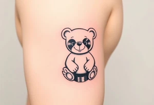 minimalist teddy bear with vinyl records as eyes smiling and sitting on a record tattoo idea