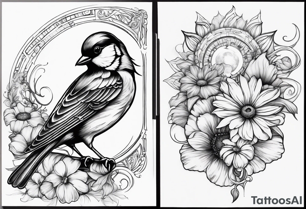 spiritual neck sleeve with a flying sparrow on side of neck with cosmos flower and a daisy flower and an iris flower, with stairs leading up to light and sunrays, ohm symbol about consciousness and transcendence tattoo idea