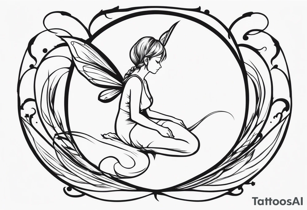 Minimalistic, monochromatic fairy with a tail flying to the left in a fetal position, leaning and looking in the same direction, with visible hands, embodying the 'Fairy Tail' logo aesthetic. tattoo idea