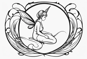 Minimalistic, monochromatic fairy with a tail flying to the left in a fetal position, leaning and looking in the same direction, with visible hands, embodying the 'Fairy Tail' logo aesthetic. tattoo idea