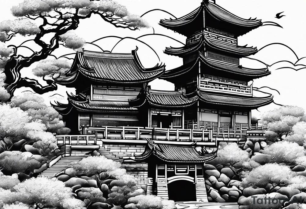 Chinese wall, realistic, art, sideview, highlight,outlines tattoo idea