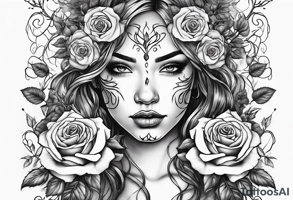 Metallic vines and roses with a crying face tattoo idea