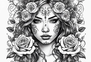 Metallic vines and roses with a crying face tattoo idea