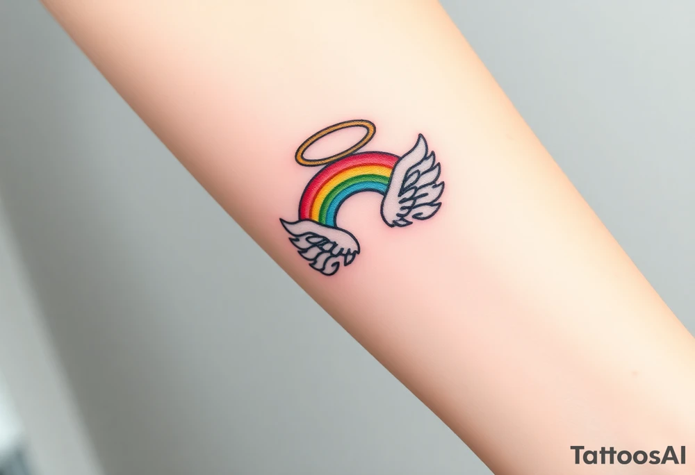 A rainbow with angel wings and halo tattoo idea