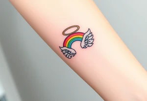 A rainbow with angel wings and halo tattoo idea