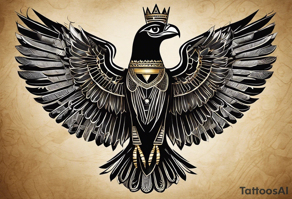 The tattoo depicts Horus, the falcon-headed god of the sky and kingship, in a dynamic and powerful stance. His falcon head is detailed with sharp, lifelike feathers and intense eyes, capturing his vigilant and authoritative nature. His human body is adorned with traditional Egyptian attire, including the crown of Upper and Lower Egypt. Horus is often shown with an outstretched wing or holding a scepter, which is intricately detailed. The realistic shading and attention to anatomical detail emphasize his strength and regal bearing. tattoo idea