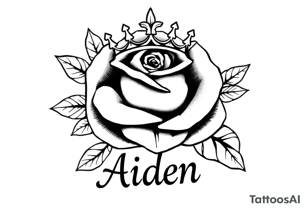 A Rose with a kings crown on it the name Aiden Infront of it bold tattoo idea