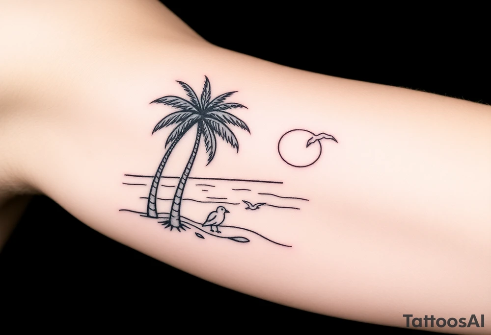 fine line, peaceful, serene, timeless, ocean, sand, palm tree, seagulls, sun tattoo idea