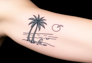 fine line, peaceful, serene, timeless, ocean, sand, palm tree, seagulls, sun tattoo idea
