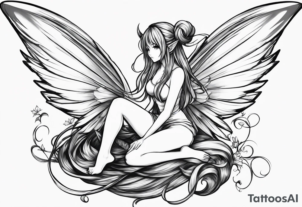 No color sketch of a fairy with a tail inspired by the guild symbol in the anime show called Fairy Tail in a fetal position leaning forward while crawled in and her body is an angle while floating in the air with big wings tattoo idea