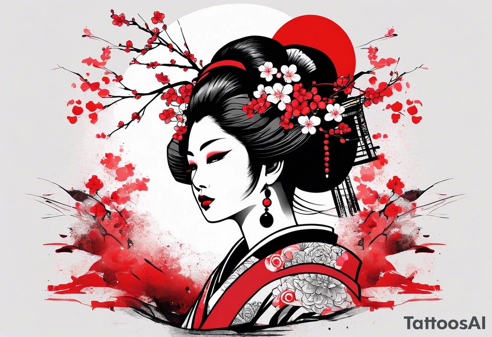 trash polka cyber geisha red sun cherry blossoms tattoo idea
