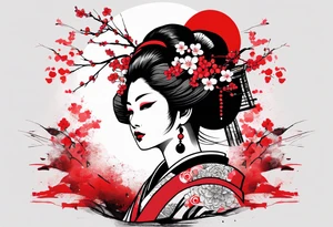 trash polka cyber geisha red sun cherry blossoms tattoo idea