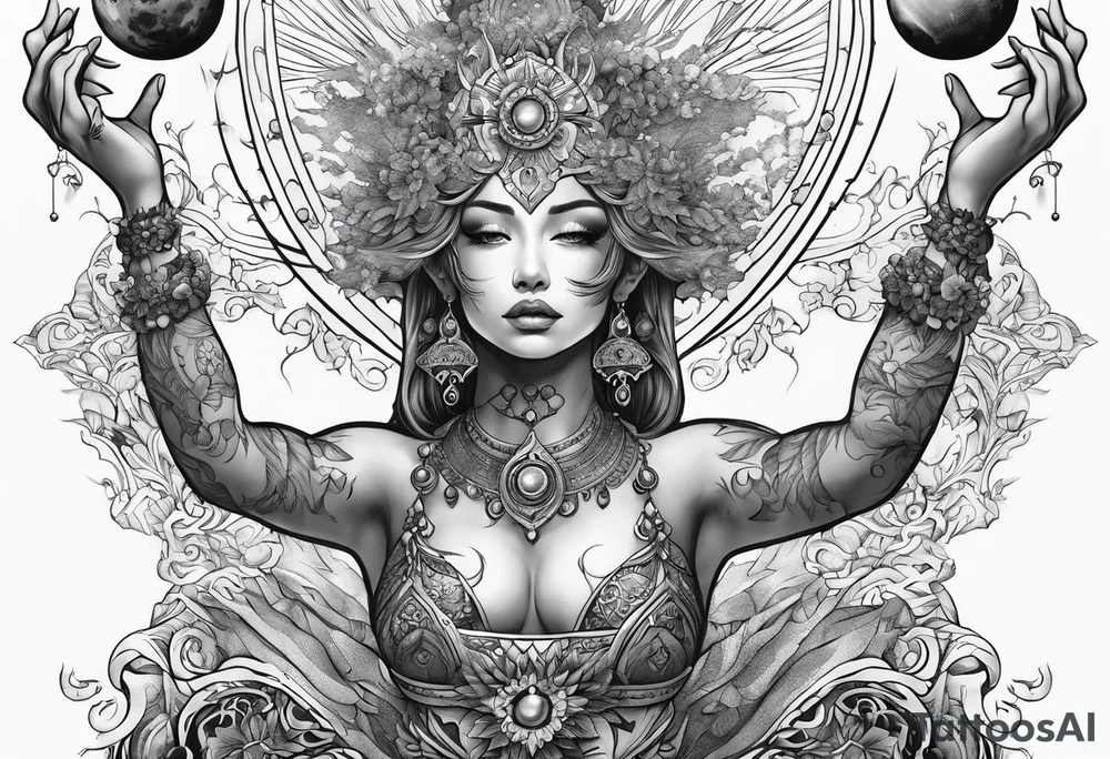 Gaia, hands outstretched over head , holding orb of creation above head tattoo idea