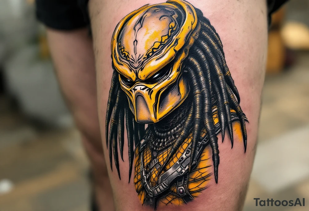 The original Yautja from Predator (1987), featuring mottled yellow-green skin, reptilian textures, netted mesh bodysuit, and battle-worn metallic armor. Its bio-mask has a smooth, silver finish with tribal etchings. tattoo idea