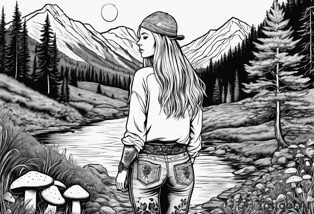 Whole picture encircled fully

Straight long blonde hair hippie girl in distance holding mushrooms in hand facing away toward mountains and creek surrounded by mushrooms long sleeve shirt and hiking pants; whole rendering within a full circle, no cut off circle tattoo idea