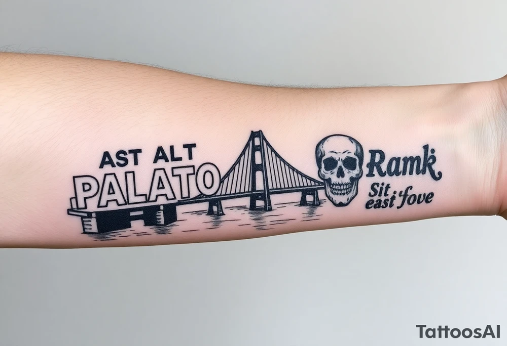 “East Palo Alto” city sign and “Newark” city sign on opposite sides of a bridge going across water in California with skulls and money and  scarface tattoo idea