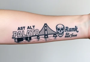 “East Palo Alto” city sign and “Newark” city sign on opposite sides of a bridge going across water in California with skulls and money and  scarface tattoo idea