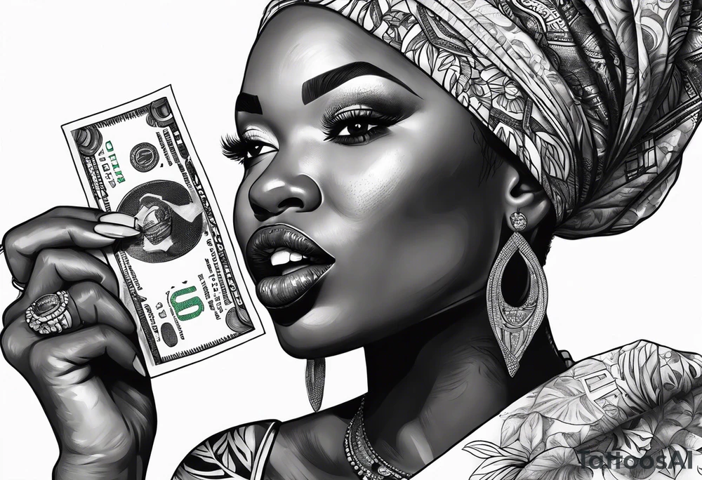 african woman biting money tattoo idea