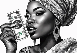 african woman biting money tattoo idea