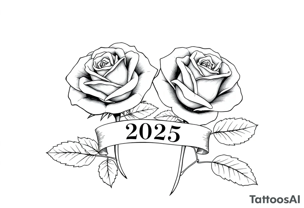two beautiful large rose buds, one larger than the other, with lots and lots of leaves next to the rose buds, with one sitting slightly higher than the other, side-by-side.  Include a banner connecting the two roses with the year 2025 on it.   Use dark outlines with little shading. No stems tattoo idea