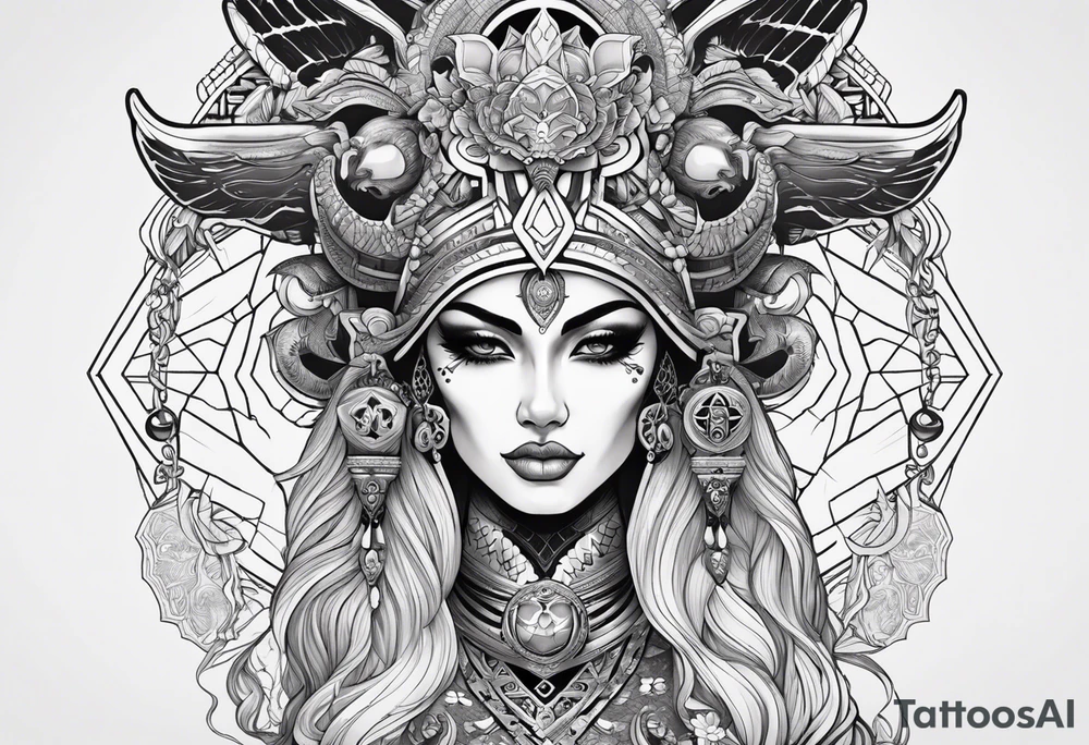 kali ma, alien goddess, valkrye, aries, pirate, divine feminine, zenza resonance, pachamama, lotus azul, blank panther, eagle, skull, 5D, nueva gaya, dna 12 tattoo idea