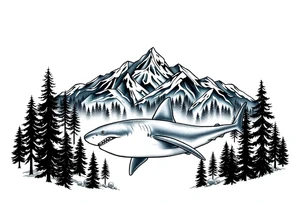 forest mountains under the northen lights with sharks. Contain everything in the shape of Africa tattoo idea