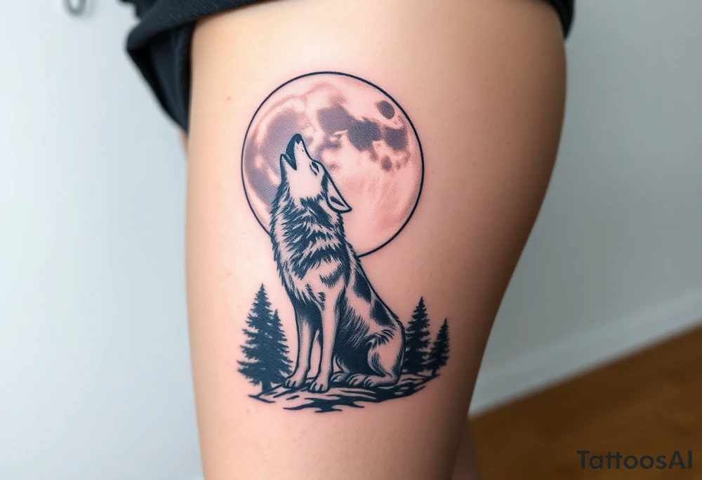 lone wolf howling at full moon with northern lights backdrop tattoo idea