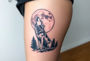 lone wolf howling at full moon with northern lights backdrop tattoo idea