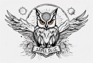 halb 
Fuchs halb Eule unter der Sonne mit dem Schriftzug Sapere Aude tattoo idea