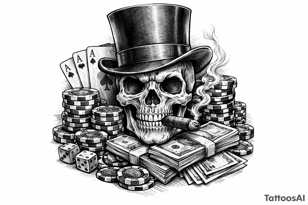 skull with cigar in his mouth,top-hat surrounded by poker-chips,paying cards and money. tattoo idea
