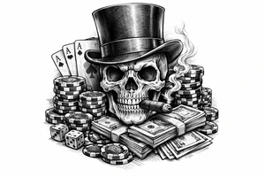 skull with cigar in his mouth,top-hat surrounded by poker-chips,paying cards and money. tattoo idea