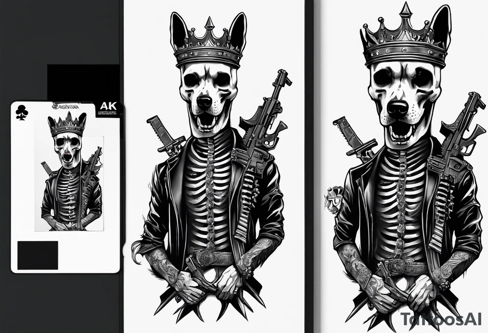 image of a skeleton standing frontally with a crown on his head, holding an AK-47 on his shoulder with his right hand. The chain on the left should be taut, there are three angry barking Dobermans in it, near the waist tattoo idea