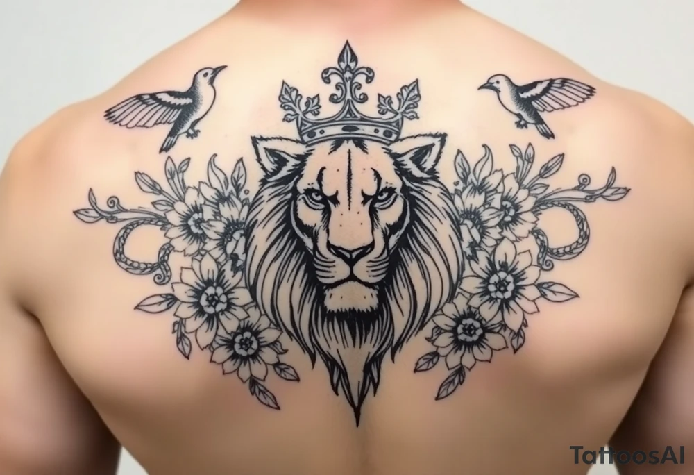 powerful majestic lion with a crown, surrounded by floral ornaments and birds tattoo idea