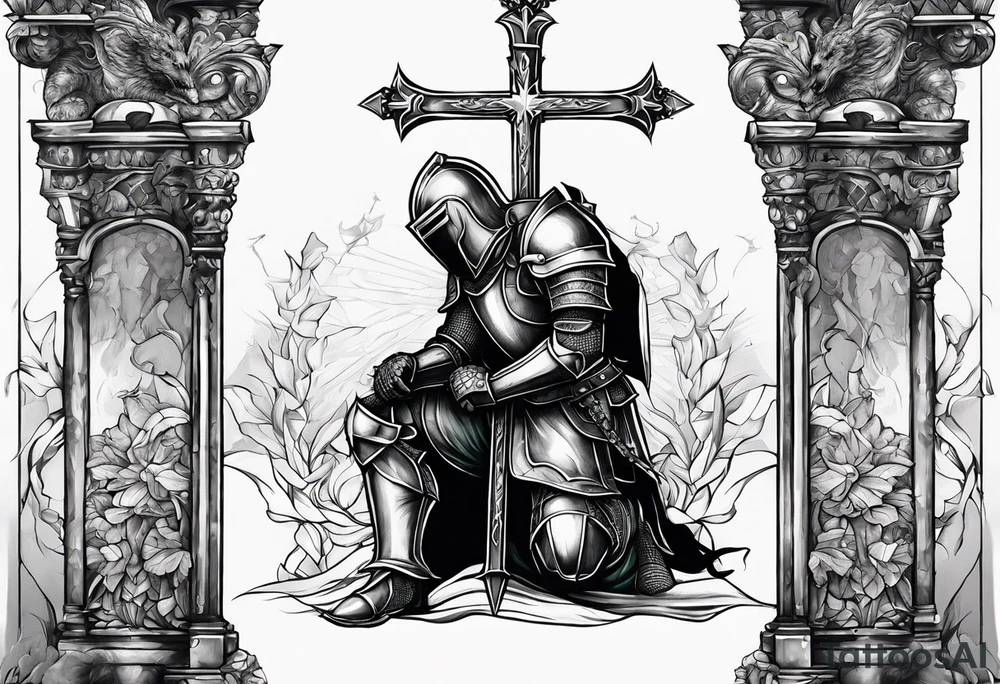 knight kneeling before the cross of Christ tattoo idea