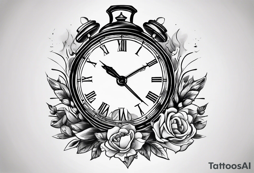 a tattoo mixing a clock integrated with an hourglass an hourglass in black and white where the year 1979 appears on the amount of the hourglass. for the shoulder and forearm tattoo idea