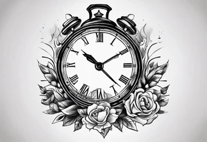 a tattoo mixing a clock integrated with an hourglass an hourglass in black and white where the year 1979 appears on the amount of the hourglass. for the shoulder and forearm tattoo idea