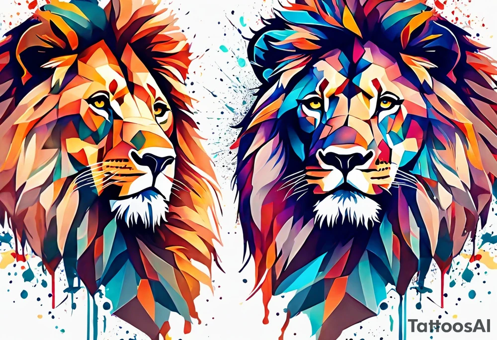 geometric Lion and Lioness Tattoo. Water Colour splash back. Lion on one side, Lioness on the other. Power and love tattoo idea