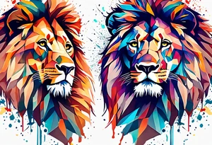 geometric Lion and Lioness Tattoo. Water Colour splash back. Lion on one side, Lioness on the other. Power and love tattoo idea
