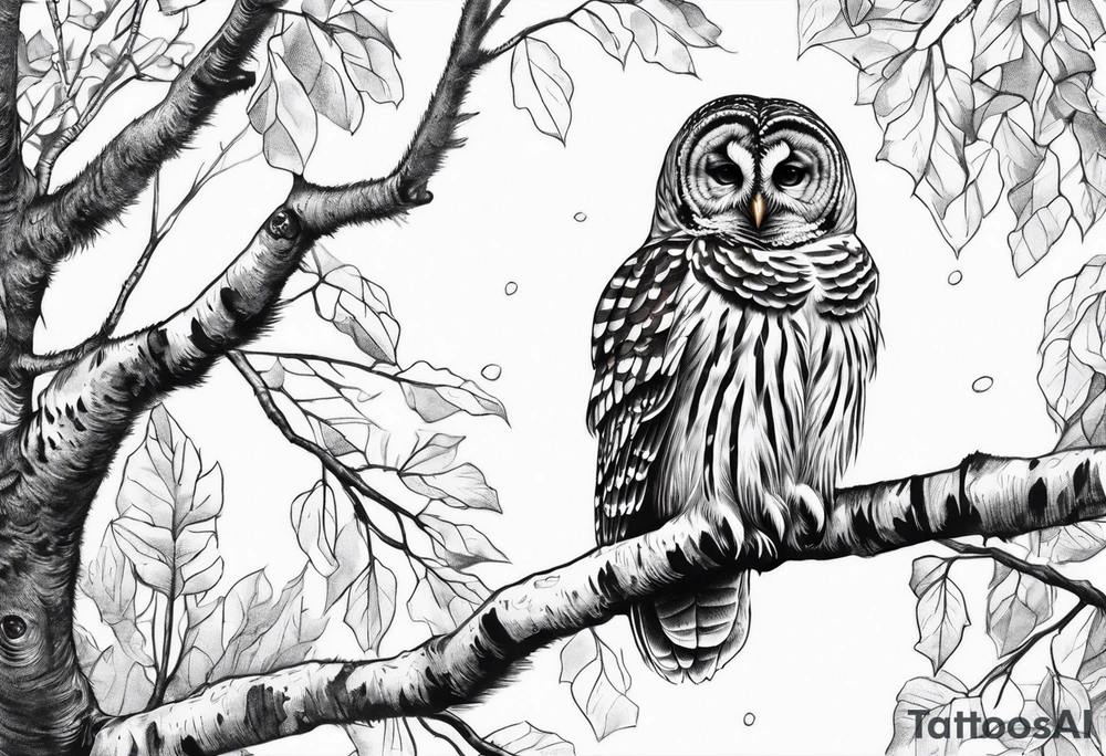 barred owl wings outstretched in front of birch trees tattoo idea