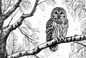 barred owl wings outstretched in front of birch trees tattoo idea