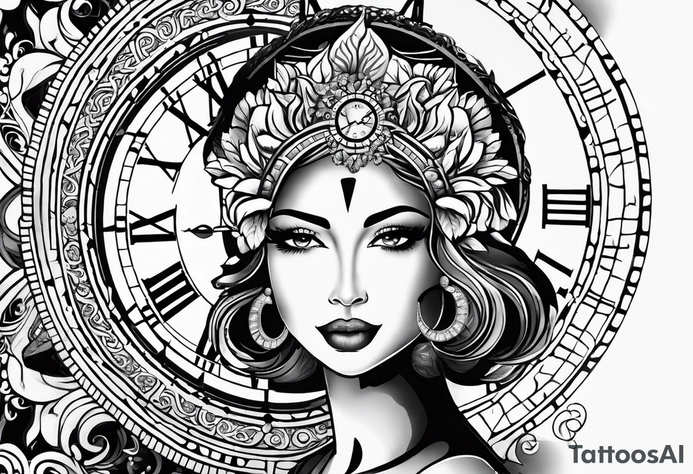 Hispanic/ Latin goddess, love, forgiveness, strength, peace, cancer sign , time, past, future, clock tattoo idea