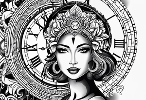 Hispanic/ Latin  goddess, love, forgiveness, strength, peace, cancer sign , time, past, future, clock tattoo idea
