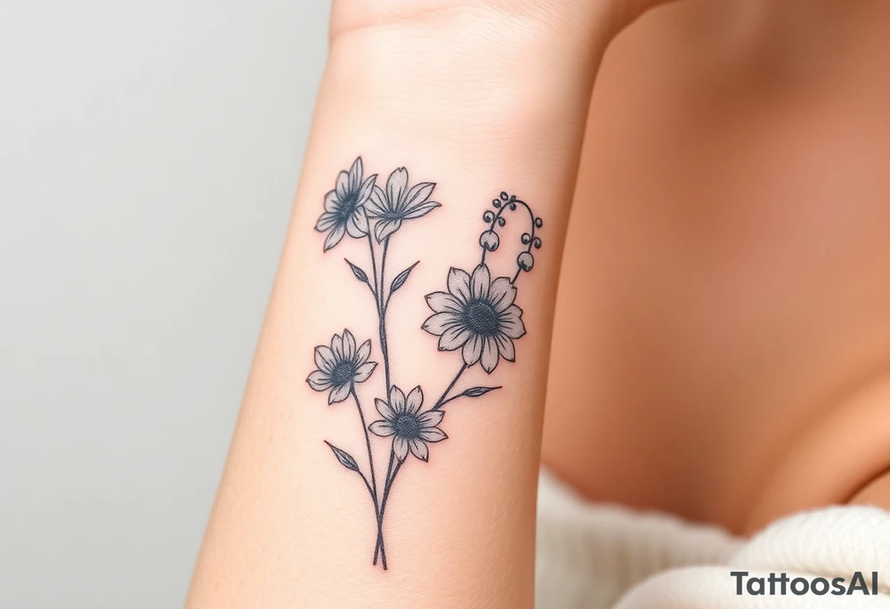 wrist tattoo with cosmos, lily of the valley, and chrysanthemum tattoo idea