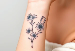 wrist tattoo with cosmos, lily of the valley, and chrysanthemum tattoo idea