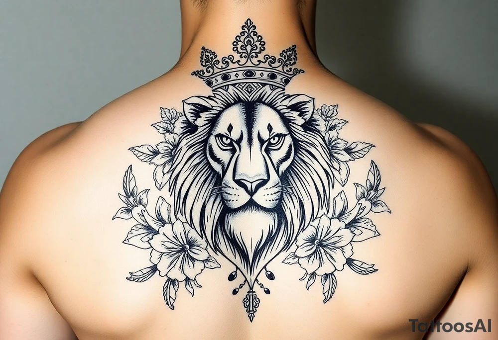 powerful majestic lion with a crown, surrounded by floral ornaments and birds tattoo idea