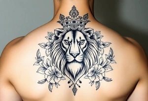 powerful majestic lion with a crown, surrounded by floral ornaments and birds tattoo idea