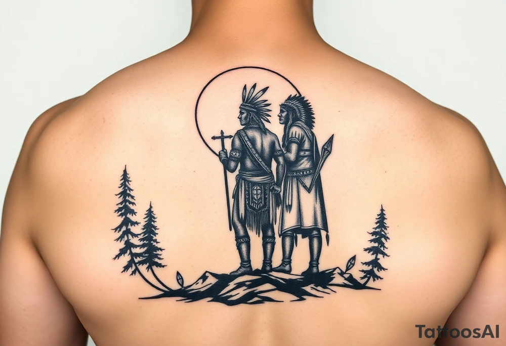 Native american warriors silhouette in moonlight in nature tattoo idea