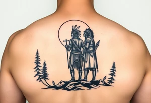 Native american warriors silhouette in moonlight in nature tattoo idea